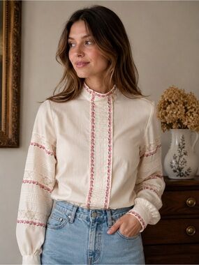 Lady Manhattan Cream Embroidered High-Neck Blouse with Pink Trim